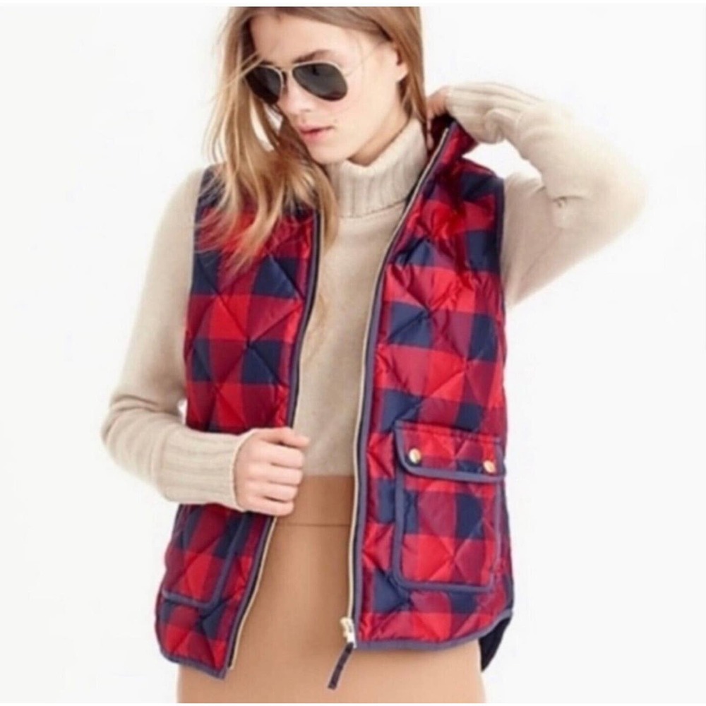 J. Crew Excursion Buffalo Check Plaid Quilted Down Puff Vest Size XS Navy Blue - Picture 2 of 8
